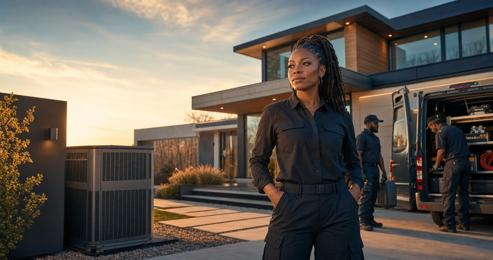 Starr Powered HVAC owner and service team outside a luxury home.